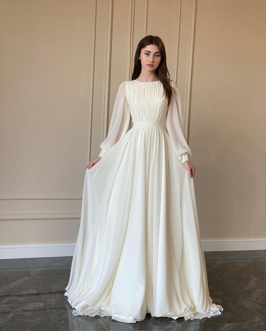 Drune | Durchsichtiges Weißes Hochzeitskleid Rundhalsausschnitt Lange Ärmel Kleid
