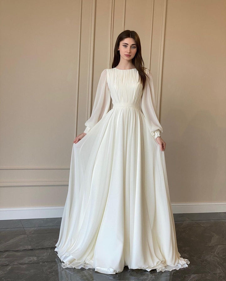 Drune | Durchsichtiges Weißes Hochzeitskleid Rundhalsausschnitt Lange Ärmel Kleid