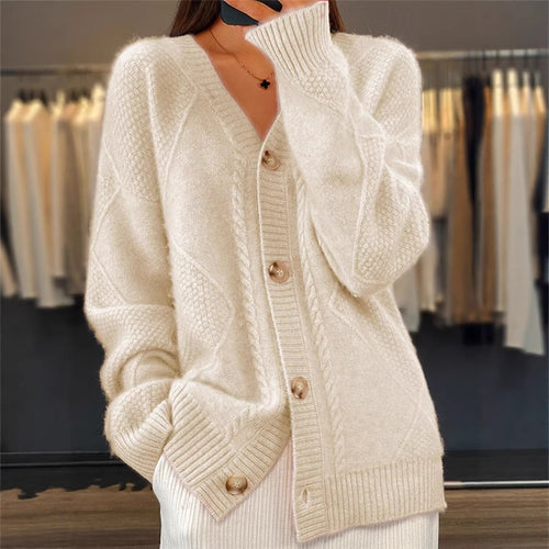 Damen nan Oversize Strickcardigan mit Zopfmuster V-Ausschnitt und Perlmuttknöpfen Drune