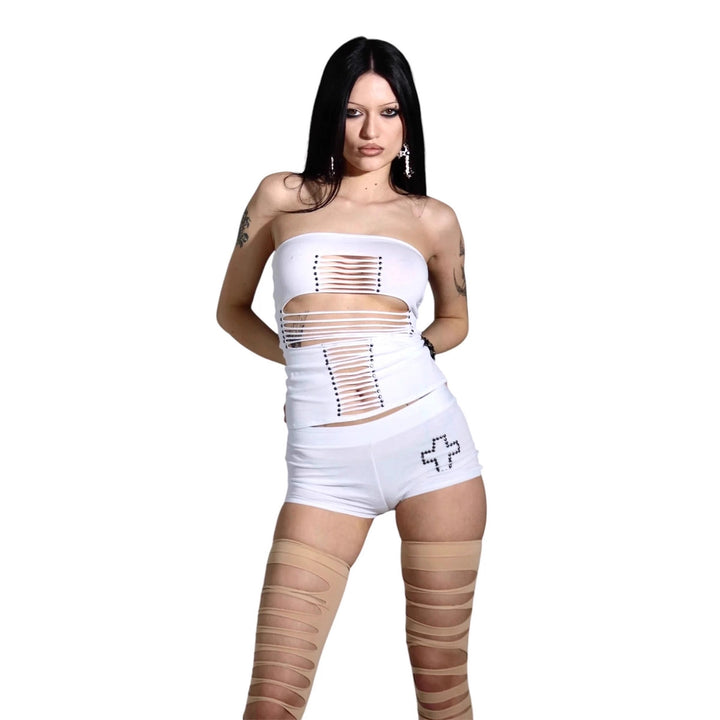 Damen Crop-Top und Shorts-Set mit raffinierten Cut-Outs Drune