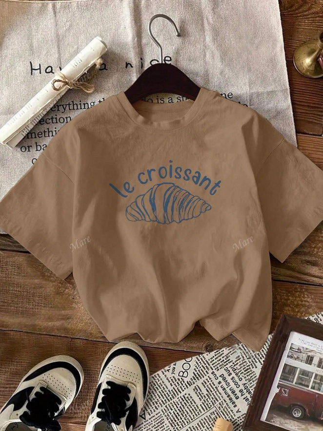 Damen Casual Grafik T-Shirt mit Croissant Design Drune
