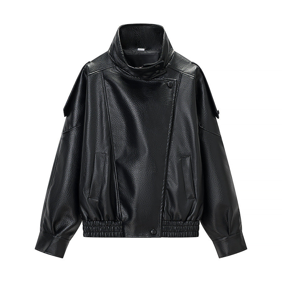 Damen modische Kunstlederjacke mit hohem Kragen und praktischen Taschen Drune