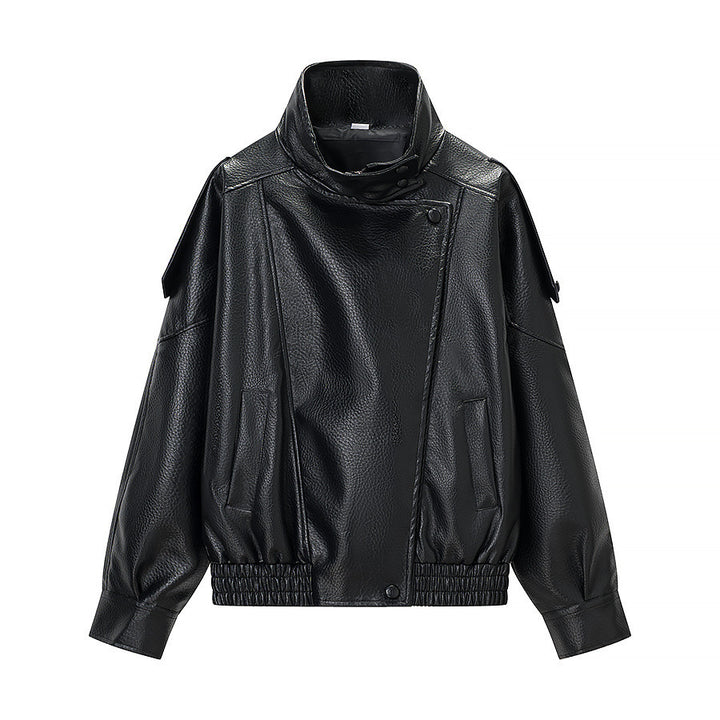 Damen modische Kunstlederjacke mit hohem Kragen und praktischen Taschen Drune