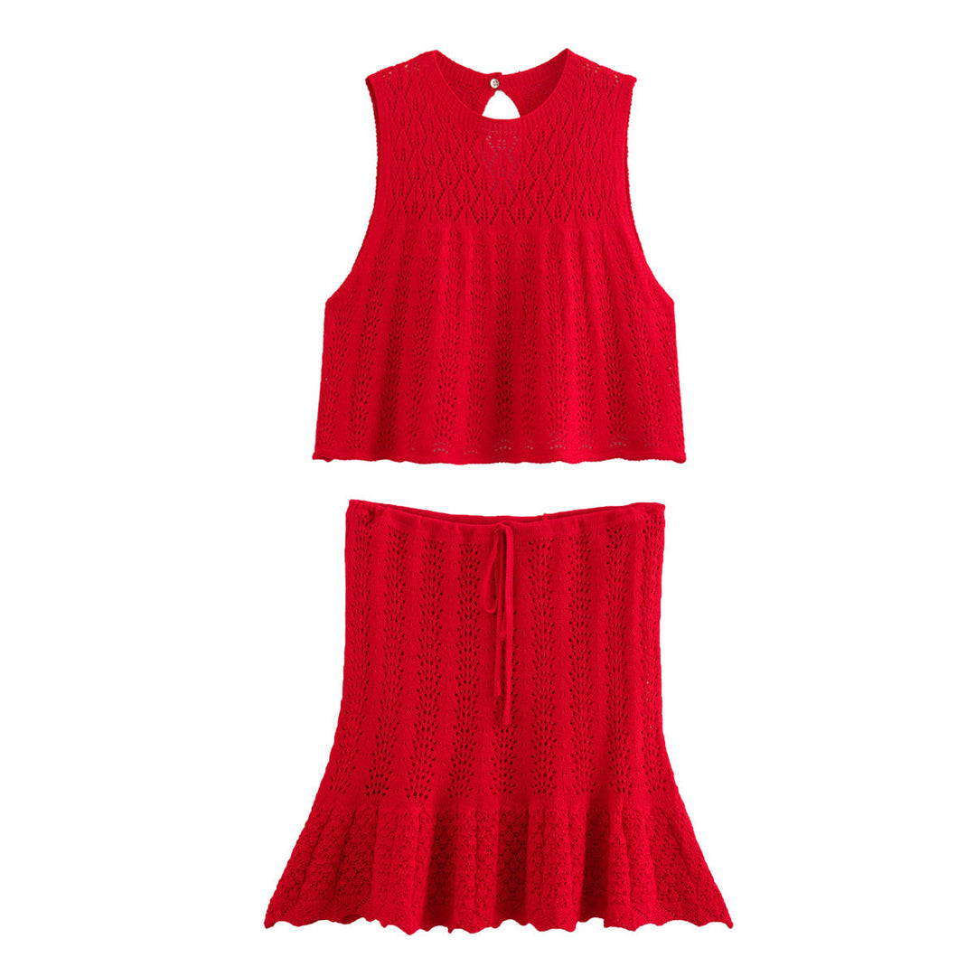 DruneMODE | Mode Lässig Strickweste Hohlschliff Top Strick Kurzer Rock Set