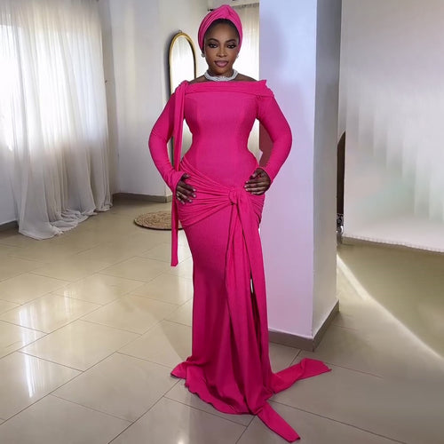 Damen Elegantes Langarmkleid mit asymmetrischem Drapé und Schleifenakzent Drune