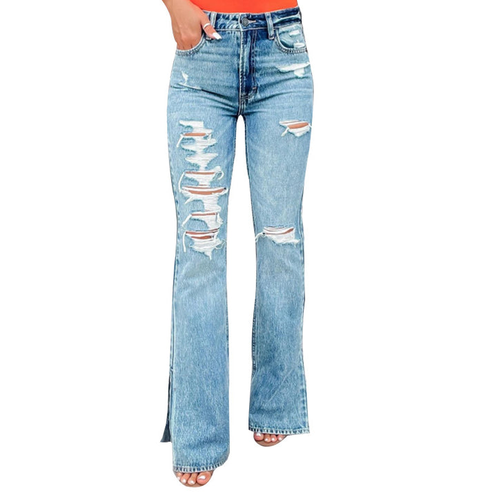 Damen High-Waist Flared Jeans mit Destroyed-Effekten und seitlichem Schlitz Drune