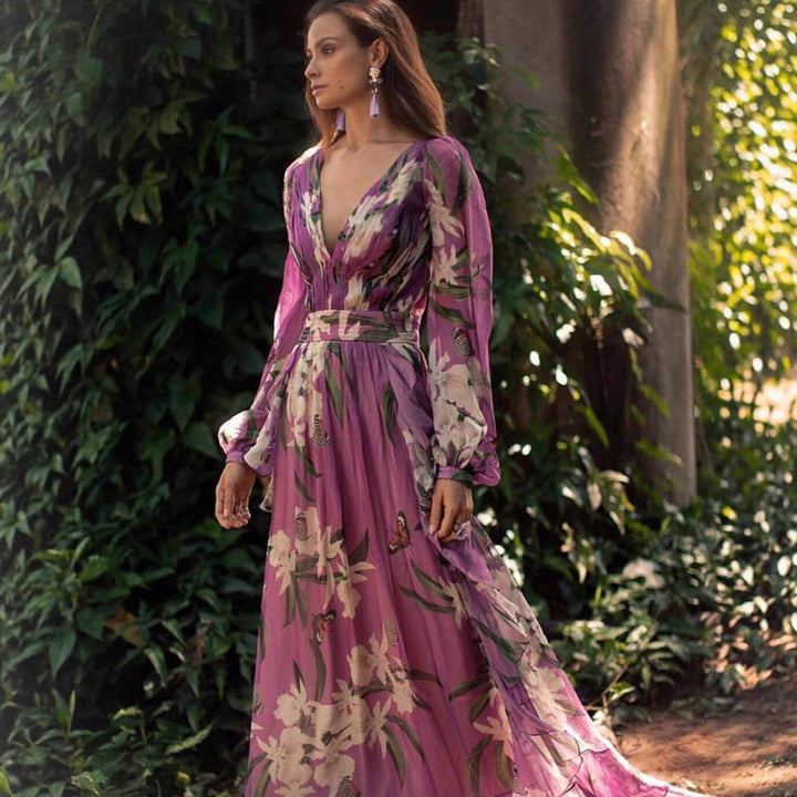 Damen Maxi-Kleid mit floralem Muster und voluminösen Ärmeln Drune