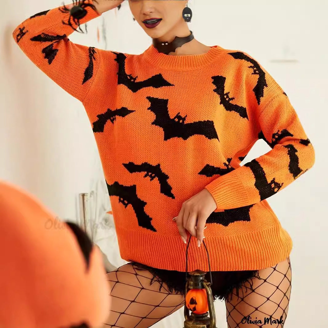 Damen Halloween Pullover mit lustigem Fledermaus-Muster Drune