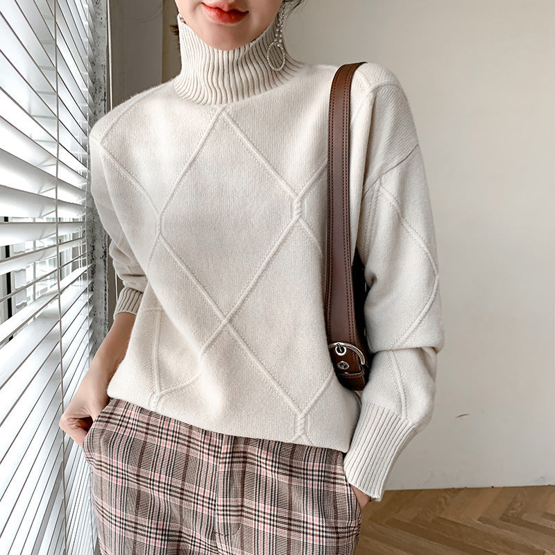 Damen Strickpullover mit hohem Kragen und Rautenmuster Drune