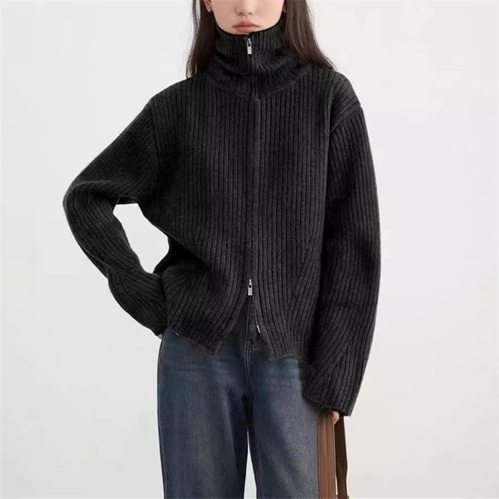 Damen lässige Strickjacke mit hohem Kragen und Reißverschluss Drune