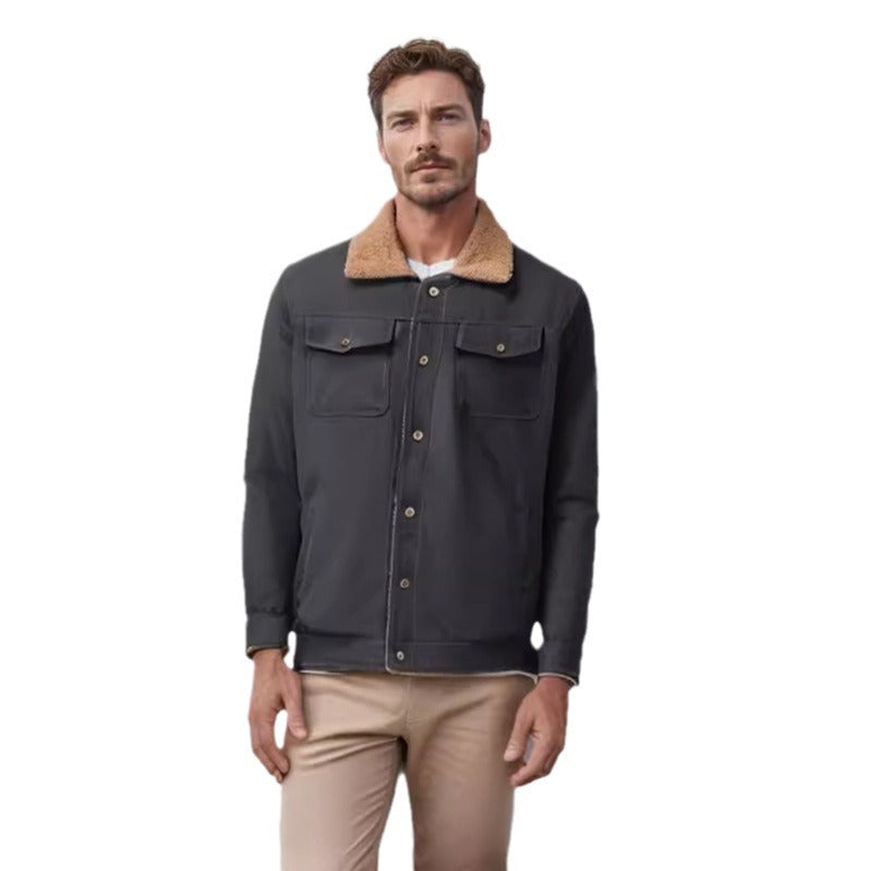 Herren lässige Jacke mit Kunstfellkragen und praktischen Taschen Drune