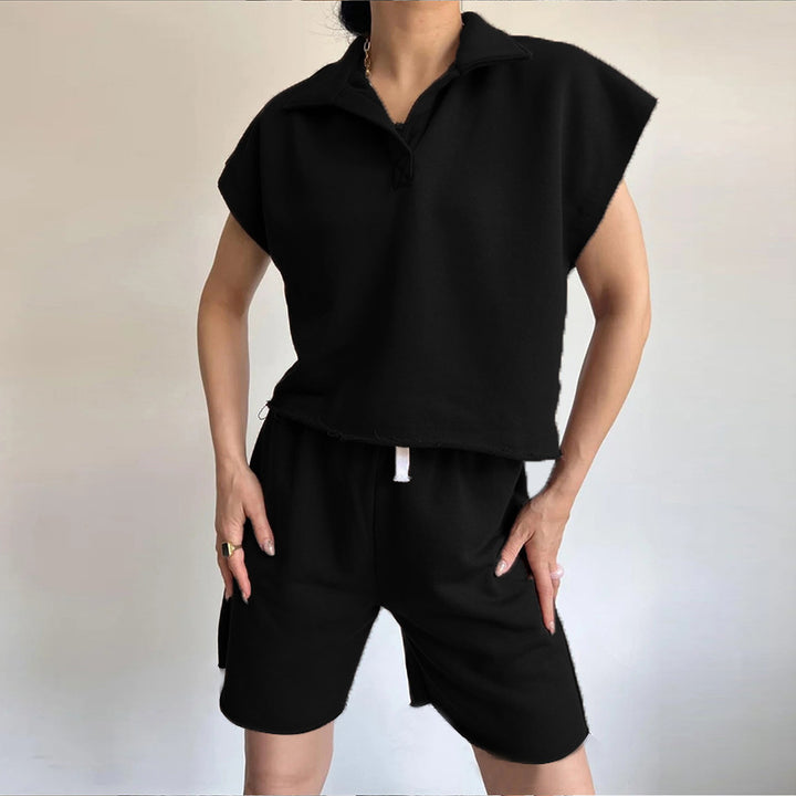 Damen lässiger Freizeitanzug mit hochgeschlossenem Kragen und elastischen Shorts Drune