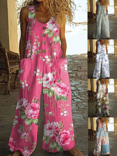 Damen Künstlerische Blumenmuster Latzhose Drune