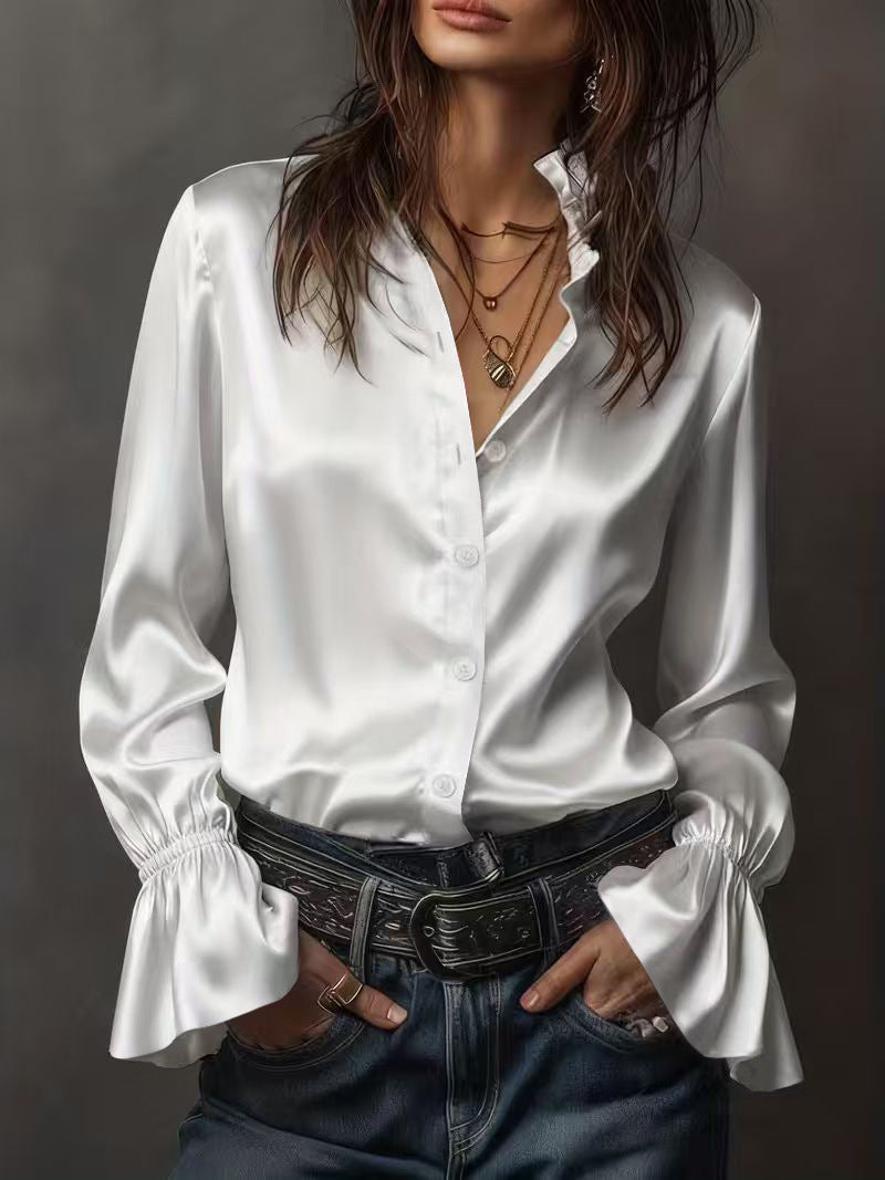 Damen Elegante Seidenbluse mit Raffungen an den Ärmeln Drune