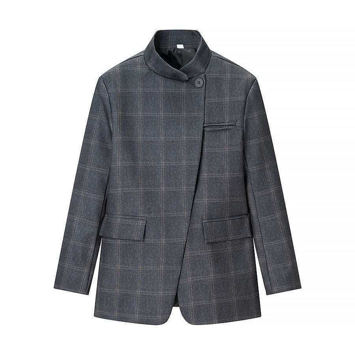 Damen nan taillierter Karo-Mantelblazer mit Stehkragen, asymmetrischer Knopfblende und Pattentaschen Drune