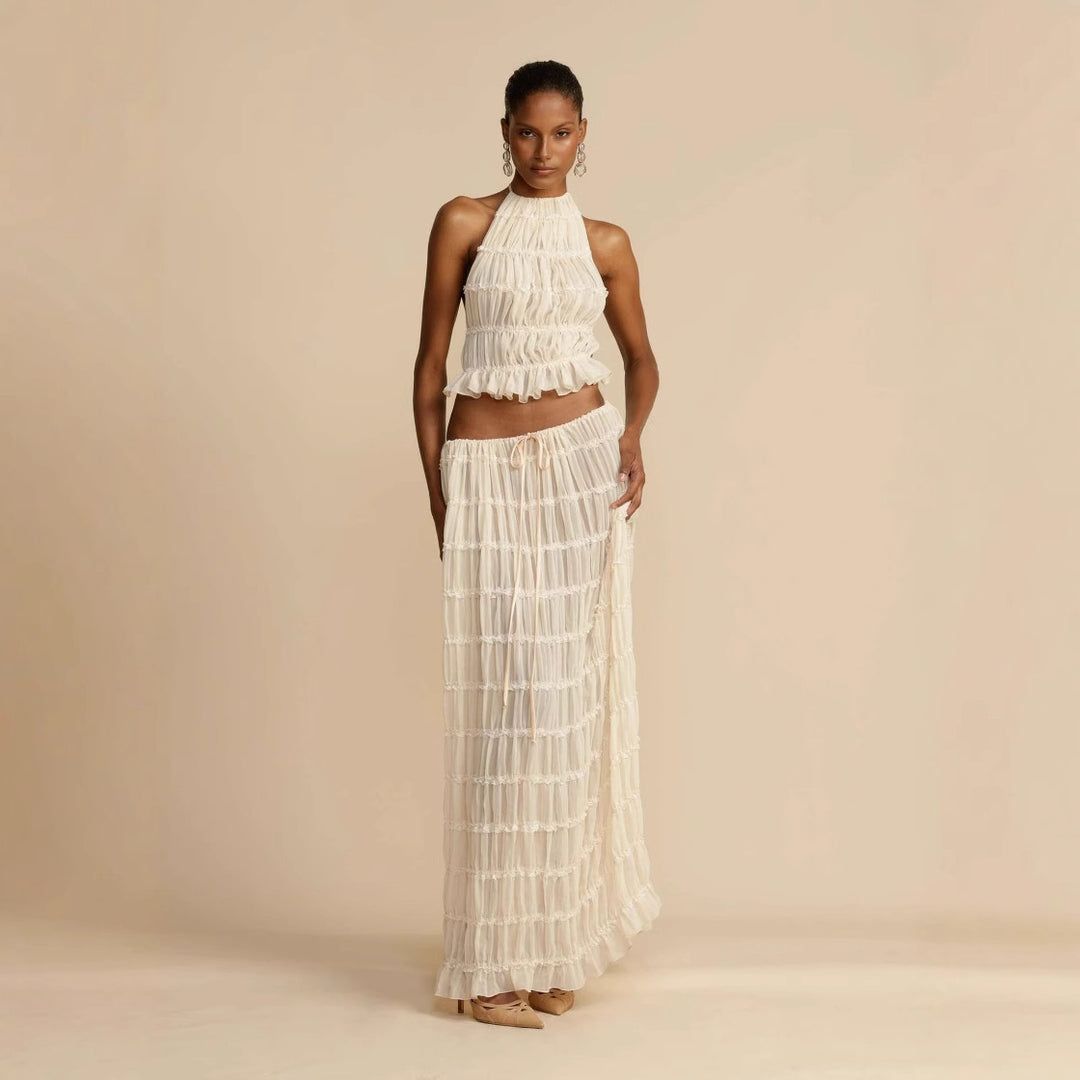 Damen Maxikleid mit gerafftem Oberteil und elegantem Taillenauschnitt Drune