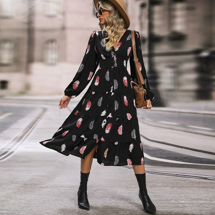 Damen Langarm Maxikleid mit tropischem Federdesign und Knopfdetails Drune