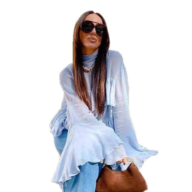 Damen Bluse mit voluminösem Rüschendesign und weit schwingenden Ärmeln Drune