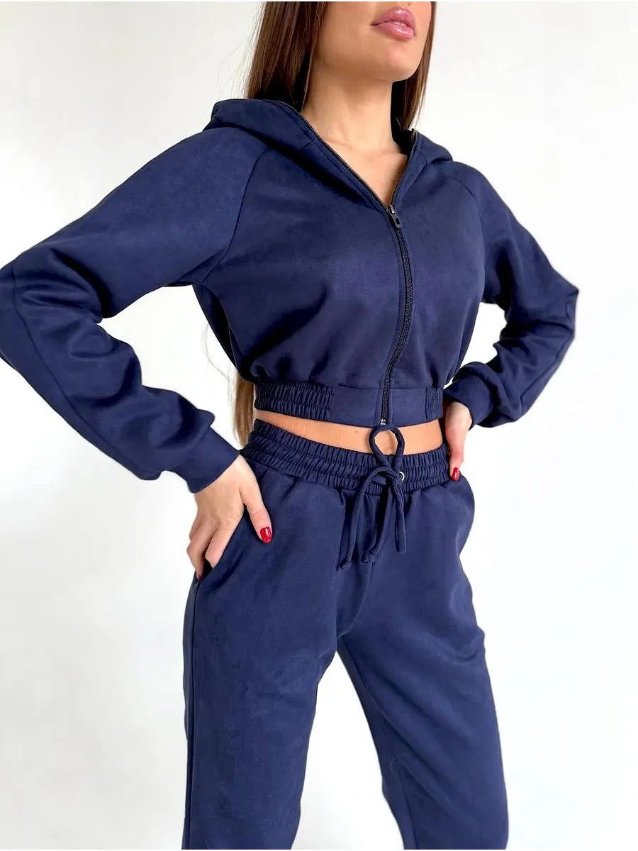 Damen Sportliches Fleece-Cropped-Set mit Kapuze und elastischem Bund Drune