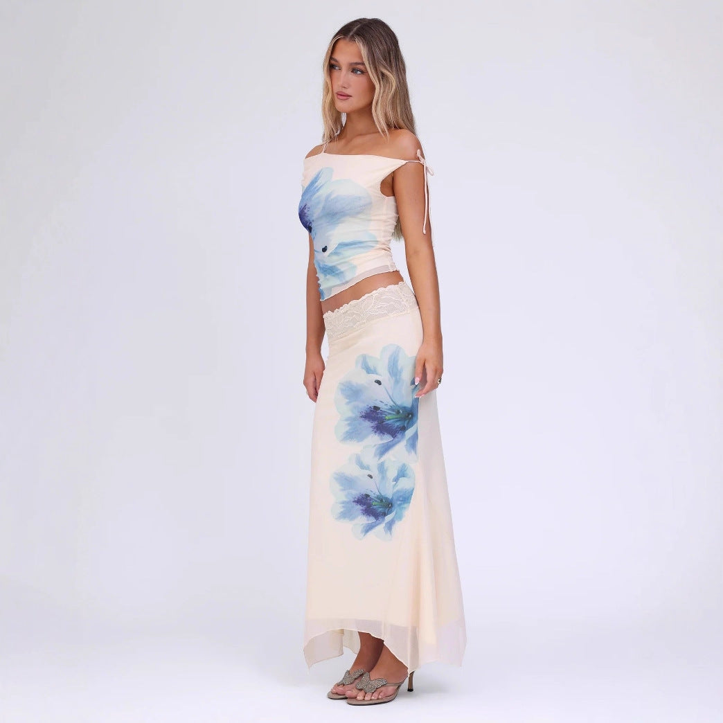 Damen Elegantes Blumenkleid mit fließendem Stoff und feinen Trägern Drune