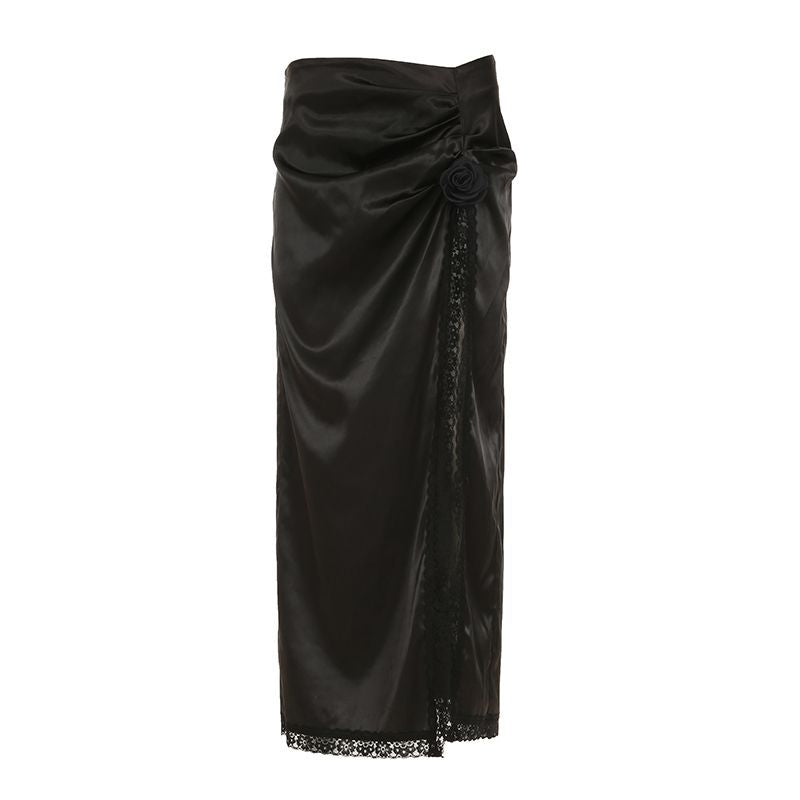 Damen eleganter Satin-Abendrock mit raffinierten Rüschen und Spitzenakzenten Drune