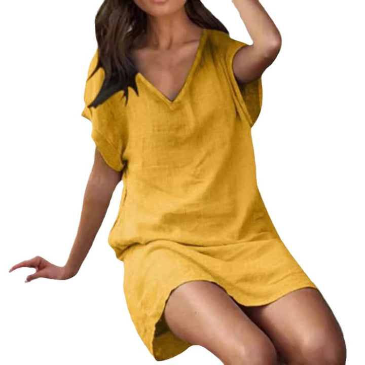 Damen nan V-Ausschnitt-Tunika-Kleid mit kastigem Schnitt, überschnittenen Fledermausärmeln und geradem Saum Drune