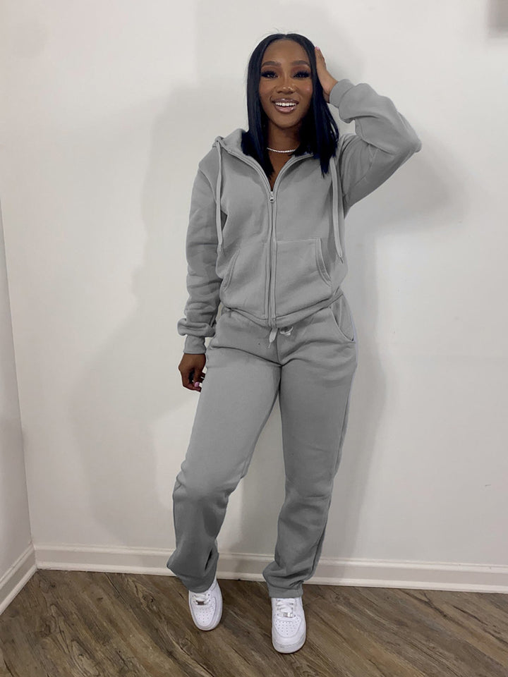 Damen nan Komfort-Zip-Hoodie mit taillenhoher Bootcut-Jogginghose Set Drune