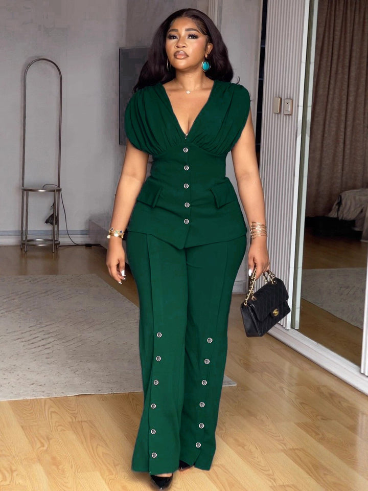 Damen elegantes Jumpsuit mit tiefem V-Ausschnitt und auffälligen Knopfdetails Drune