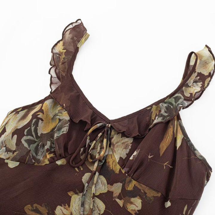 Damen Maxikleid mit zarten Rüschendetails und floralem Muster Drune