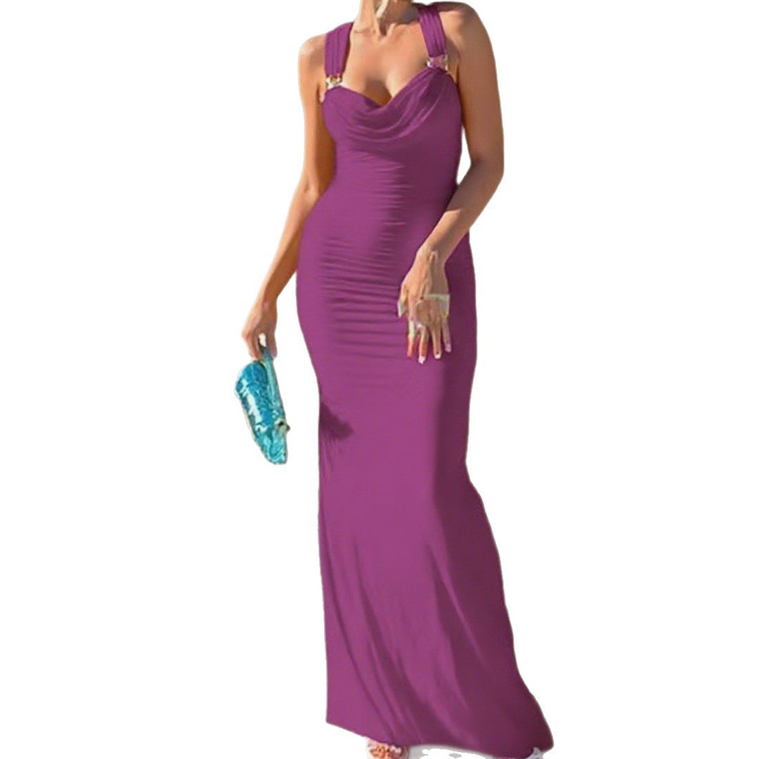 Damen Elegantes figurbetontes Abendkleid mit drapiertem Oberteil und goldenen Trägern Drune