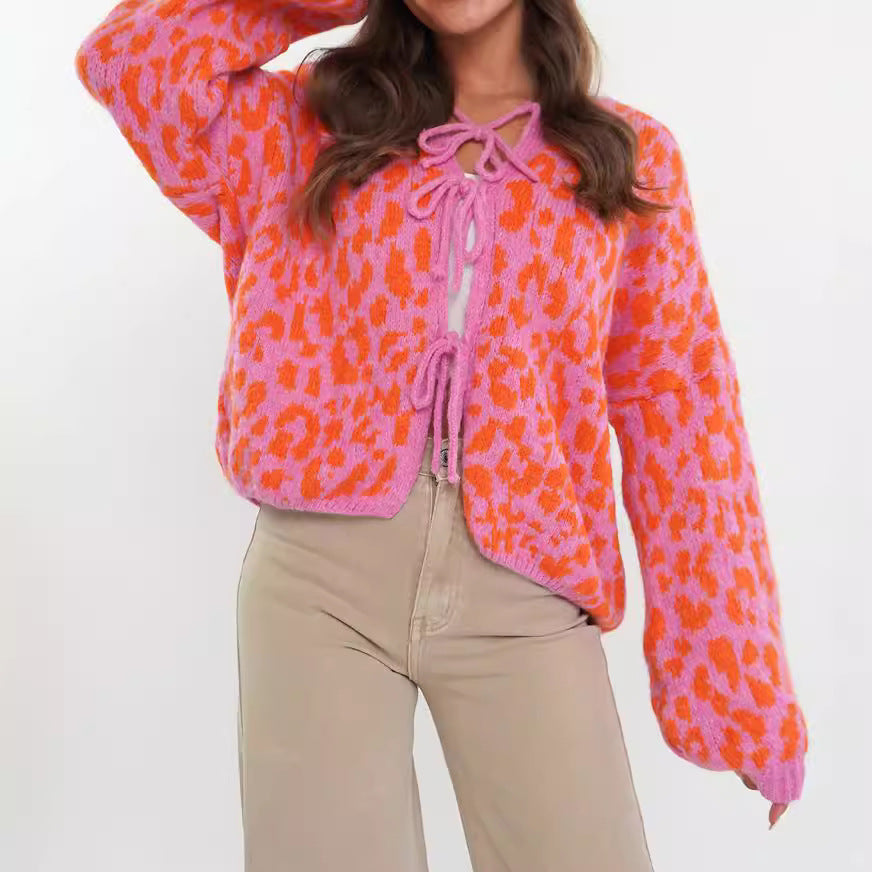 Damen Cardigan mit auffälligem Tiermuster und eleganten Bindebanddetails Drune