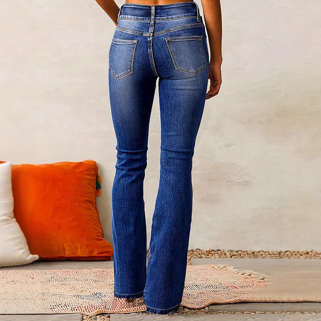 Damen Hohe Taille Flared Jeans mit dekorativen Knopfdetails und figurschmeichelndem Schnitt Drune