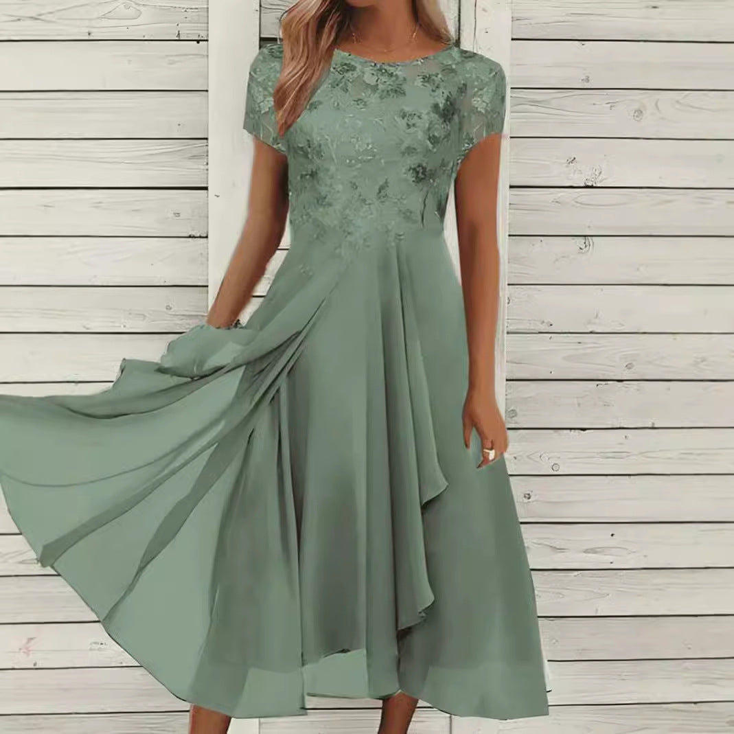 Damen nan fließendes Chiffon-Midikleid mit blumenbesticktem Oberteil und asymmetrischem Stufenrock Drune