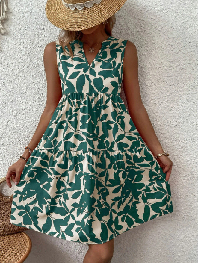 Damen luftiges ärmelloses Sommerkleid mit floralen Mustern und weitem Schnitt Drune
