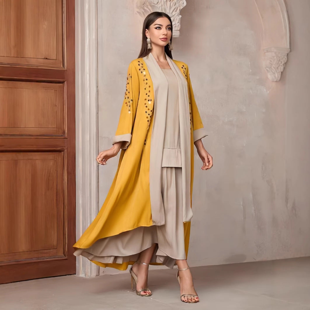Damen Langarm-Kimono mit dekorativen Applikationen und asymmetrischem Saum Drune