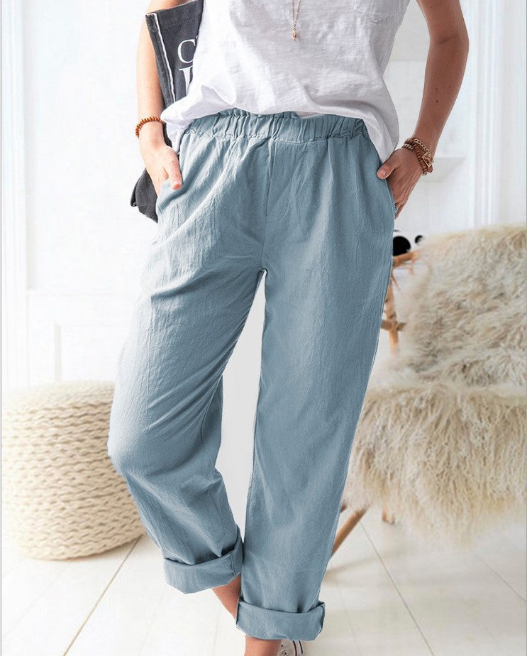 Damen lässige Leinenhose mit elastischem Bund und praktischen Taschen Drune