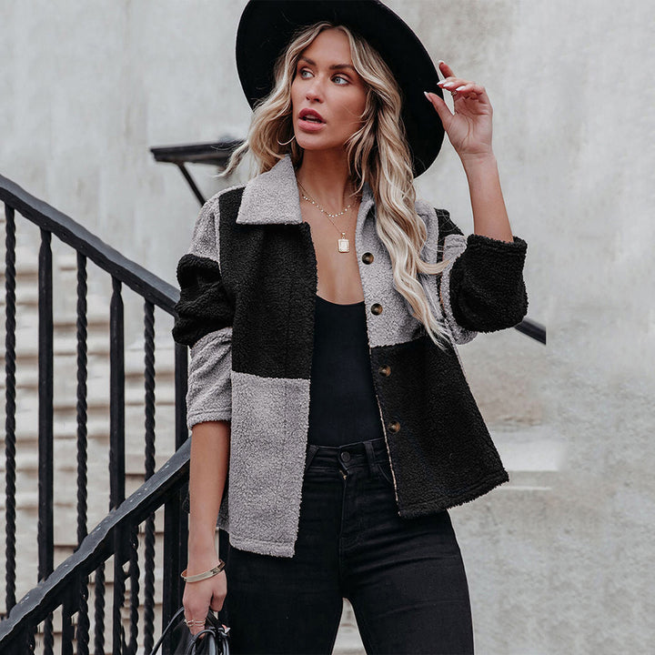 Damen trendige Teddyjacke mit modernem Patchwork-Design Drune