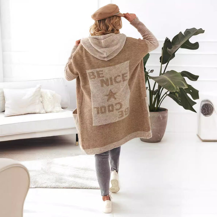 Damen Leichter Strickmantel mit Kapuze und großen Taschen Drune