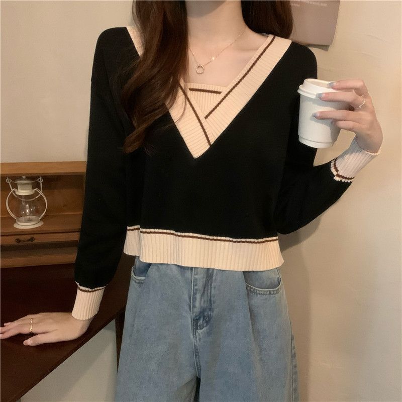Damen modischer V-Ausschnitt Pullover mit Kontrastdetails Drune