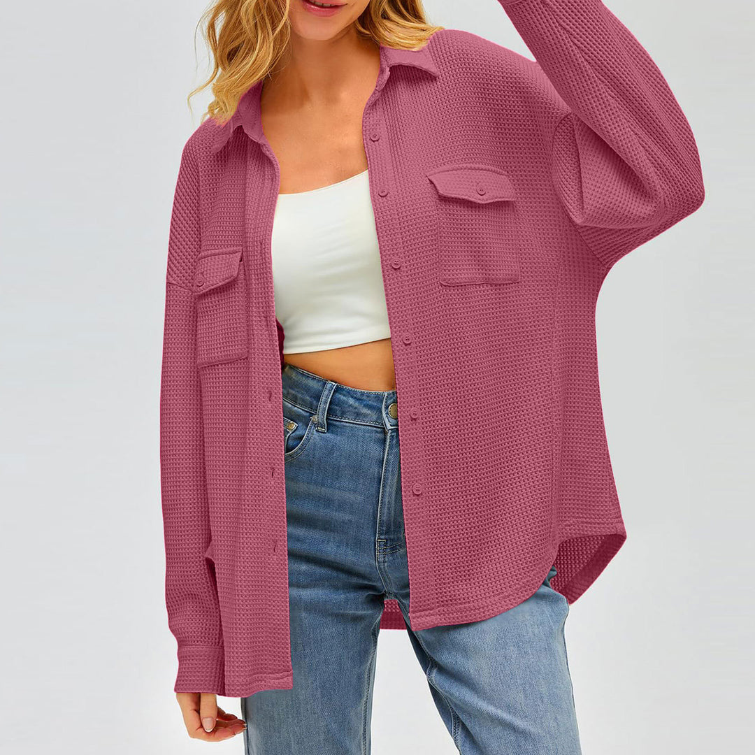 Damen nan oversized Waffelstrick Hemdjacke mit Brusttaschen und Knopfleiste Drune