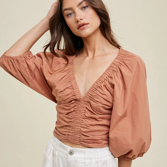 Damen cropped Bluse mit Puffärmeln Drune