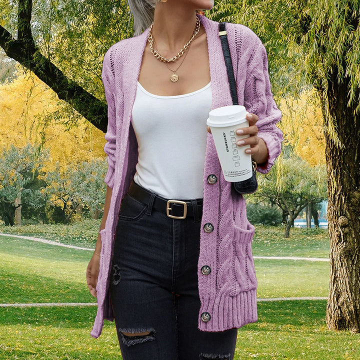 Damen grobstrickige Cardigan mit Taschen und modischem Zopfmuster Drune