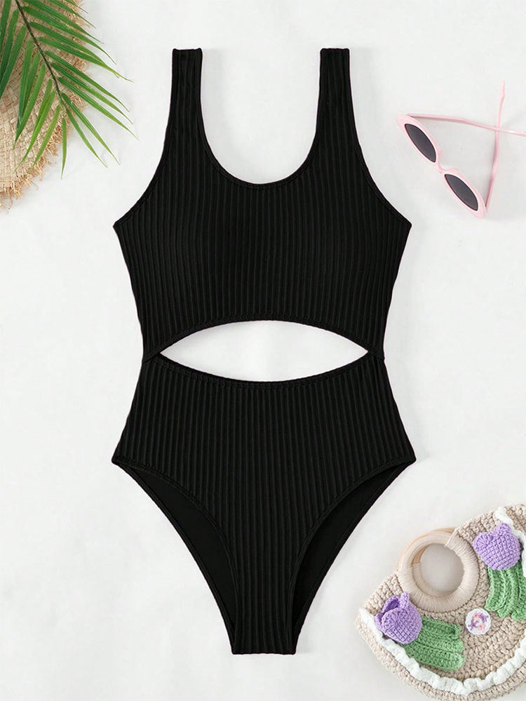 Damen Einteiler Badeanzug mit hohem Beinausschnitt und modischem Cut-Out Drune