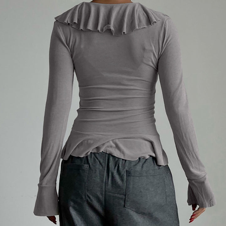 Damen Rüschenbluse mit verführerischem V-Ausschnitt und elastischem Saum Drune