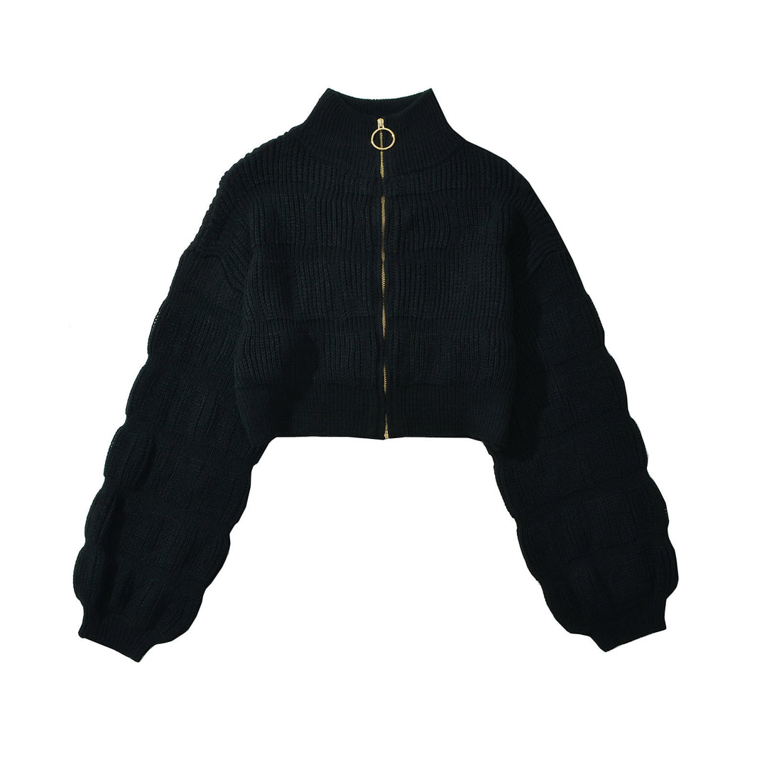Damen Cropped Strickjacke mit dekorativem Reißverschluss und voluminösen Ärmeln Drune