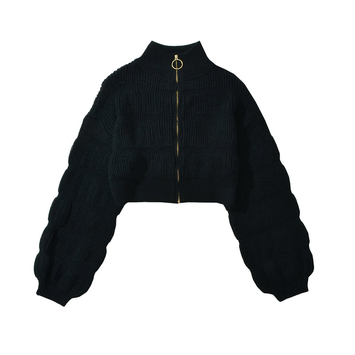 Damen Cropped Strickjacke mit dekorativem Reißverschluss und voluminösen Ärmeln Drune