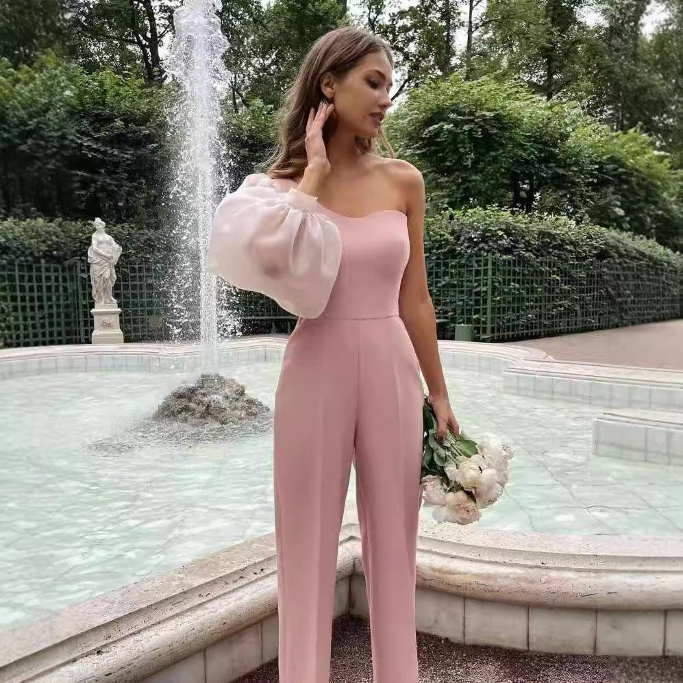 Damen Eleganter Einteiler mit asymmetrischem Schnitt und transparenten Ärmeln Drune