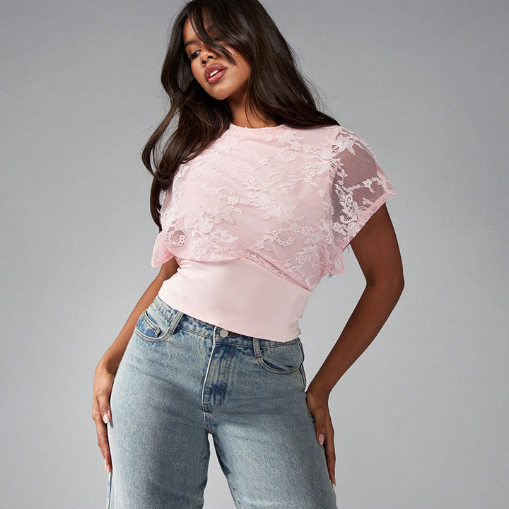 Damen Elegant strukturiertes Oberteil mit Spitzendetails Drune
