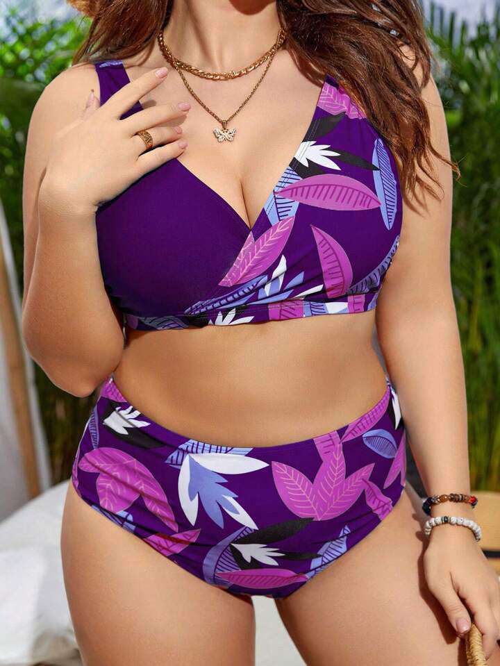 Damen Hochgeschnittener Bikini mit Wickeldesign und floralem Muster Drune