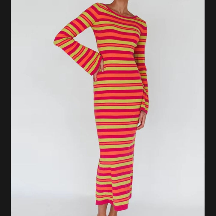 Damen Langarm-Kleid im modischen Streifenlook Drune